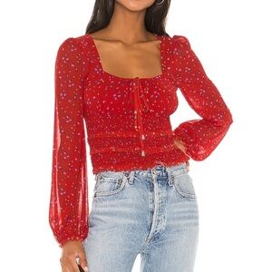 Free People Lolita Red Floral Print Ruffled Smocked Crop Top Size Large